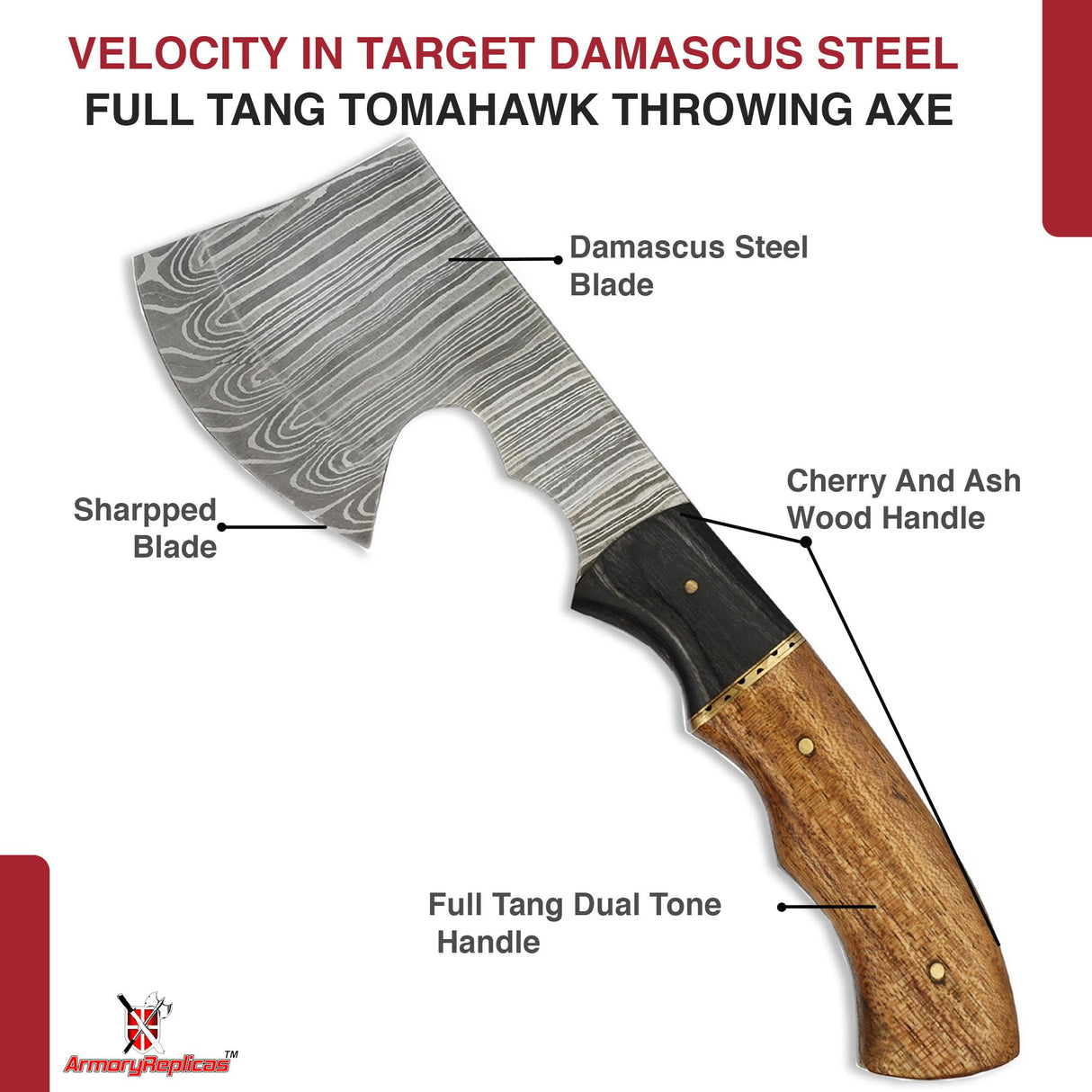 Armory Replicas™ Velocity in Target Throwing Axe - Full Tang Tomahawk with Damascus Steel Blade, Cherry & Ash Wood Handle, 9.5 Inches Overall Length, Includes Genuine Leather Sheath Armory Replicas