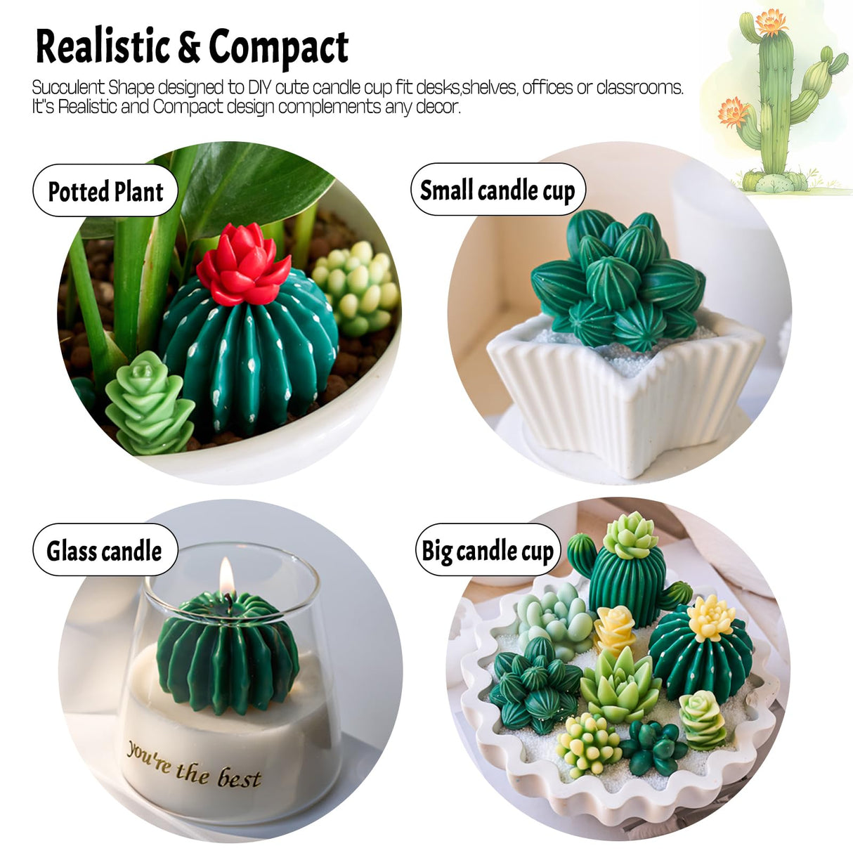 Succulent Wax Molds for Candle Making 10 Pack 3D Cacti Silicone Candle Mold Handmade Cactus Flower Plant Decorate Cement Resin Casting Soap Ornament Craft Mold Chocolate Cake Fondant Moulds Home Decor Dacies