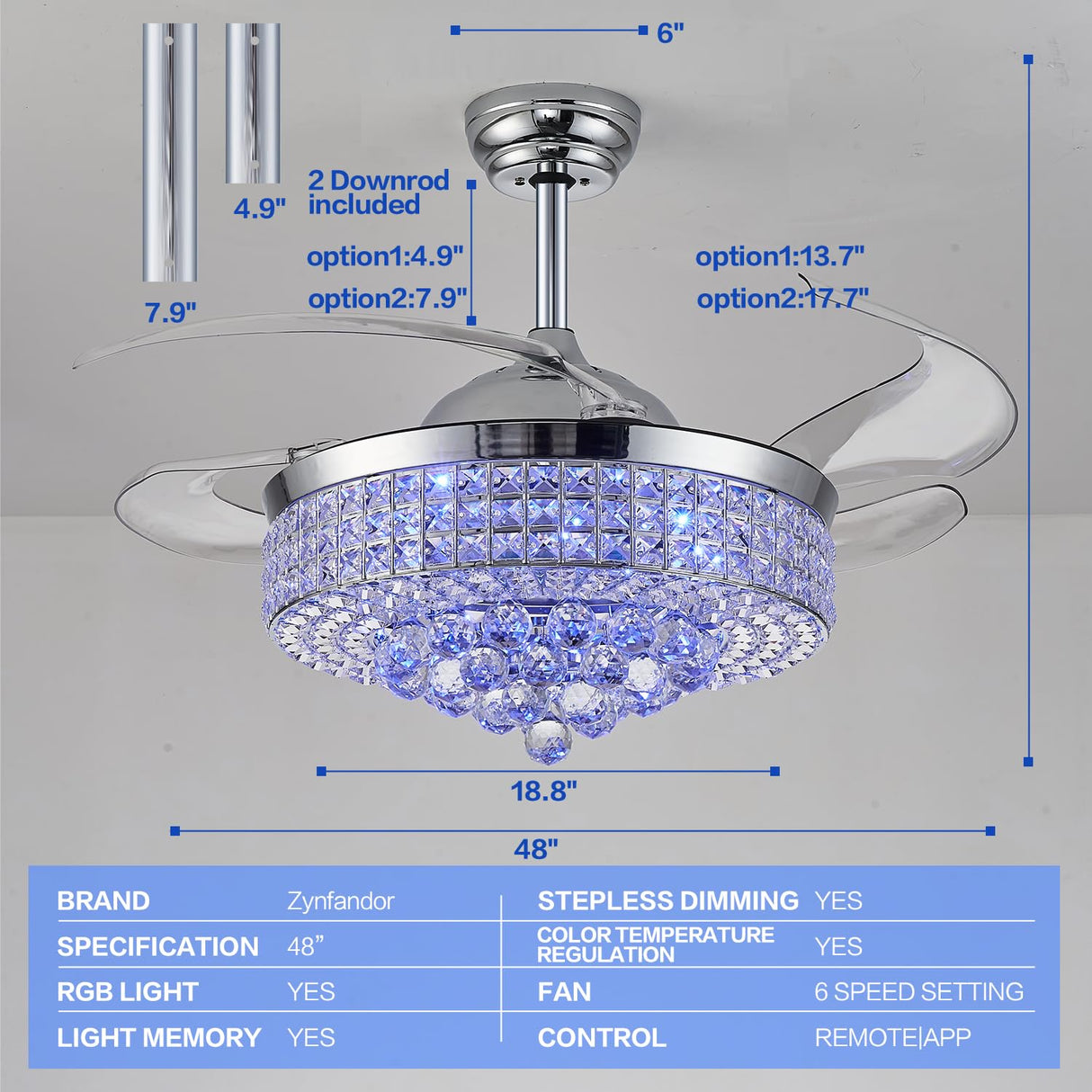 Zynfandor 48" Bluetooth Ceiling Fan with Light and Speaker,RGB Retractable Blades Crystal Fandelier Music Player LED Chandelier 6-Speed APP Control Timer Remote Control for Bedroom Silver Zynfandor