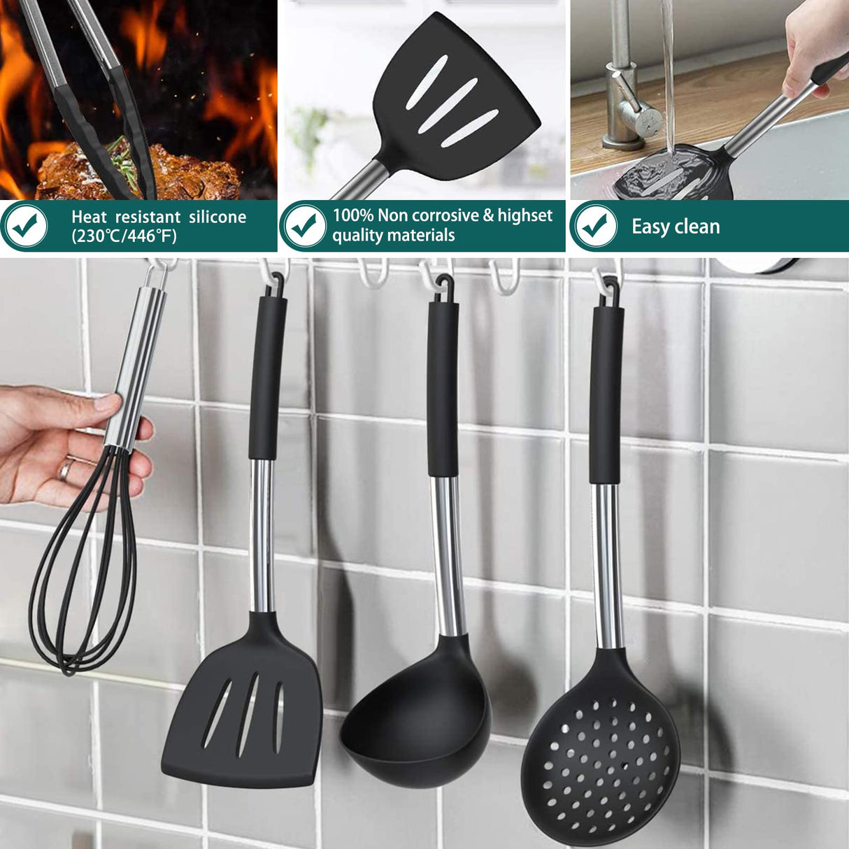 Silicone Cooking Utensil Set, Umite Chef 15pcs Silicone Cooking Kitchen Utensils Set, Non-stick - Best Kitchen Cookware with Stainless Steel Handle - Black Umite Chef