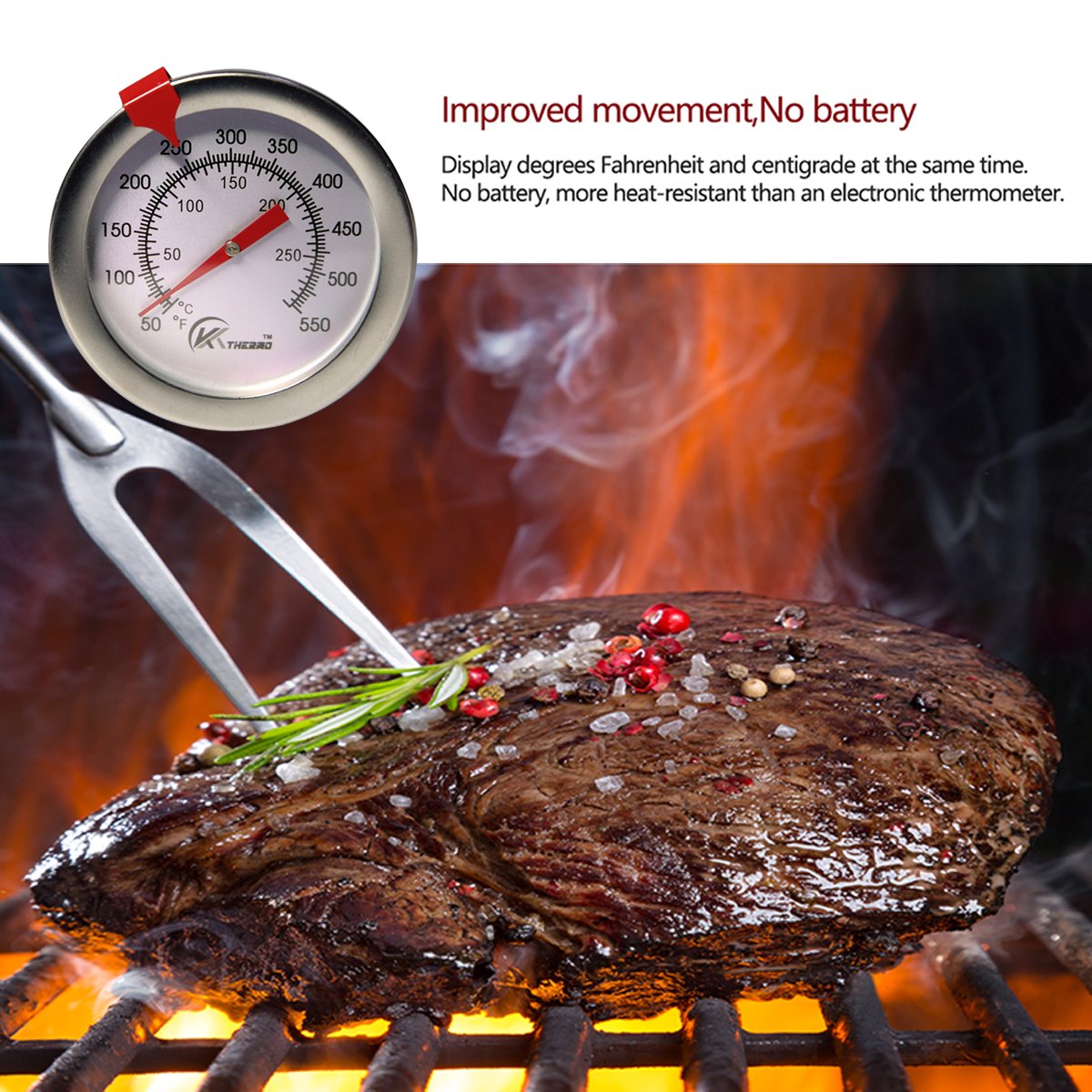 KT THERMO Deep Fry Thermometer With Instant Read,Dial Thermometer,12" Stainless Steel Stem Meat Cooking Thermometer,Best for Turkey,BBQ,Grill KT THERMO