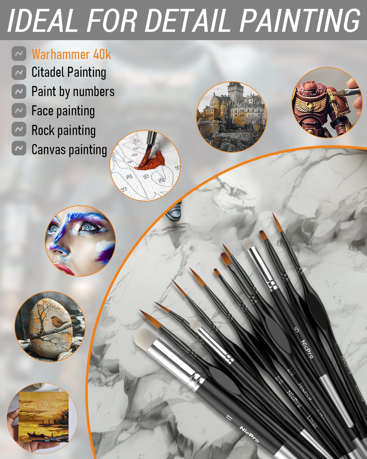 Nicpro Miniature Paint Brushes Drybrush - 21PCS Model Paint Brush Set for Acrylic, Watercolor Detail Paint Brush Dry Brush for Warhammer 40k, Miniature Model, Citadel, Paint by Number- with Container Nicpro