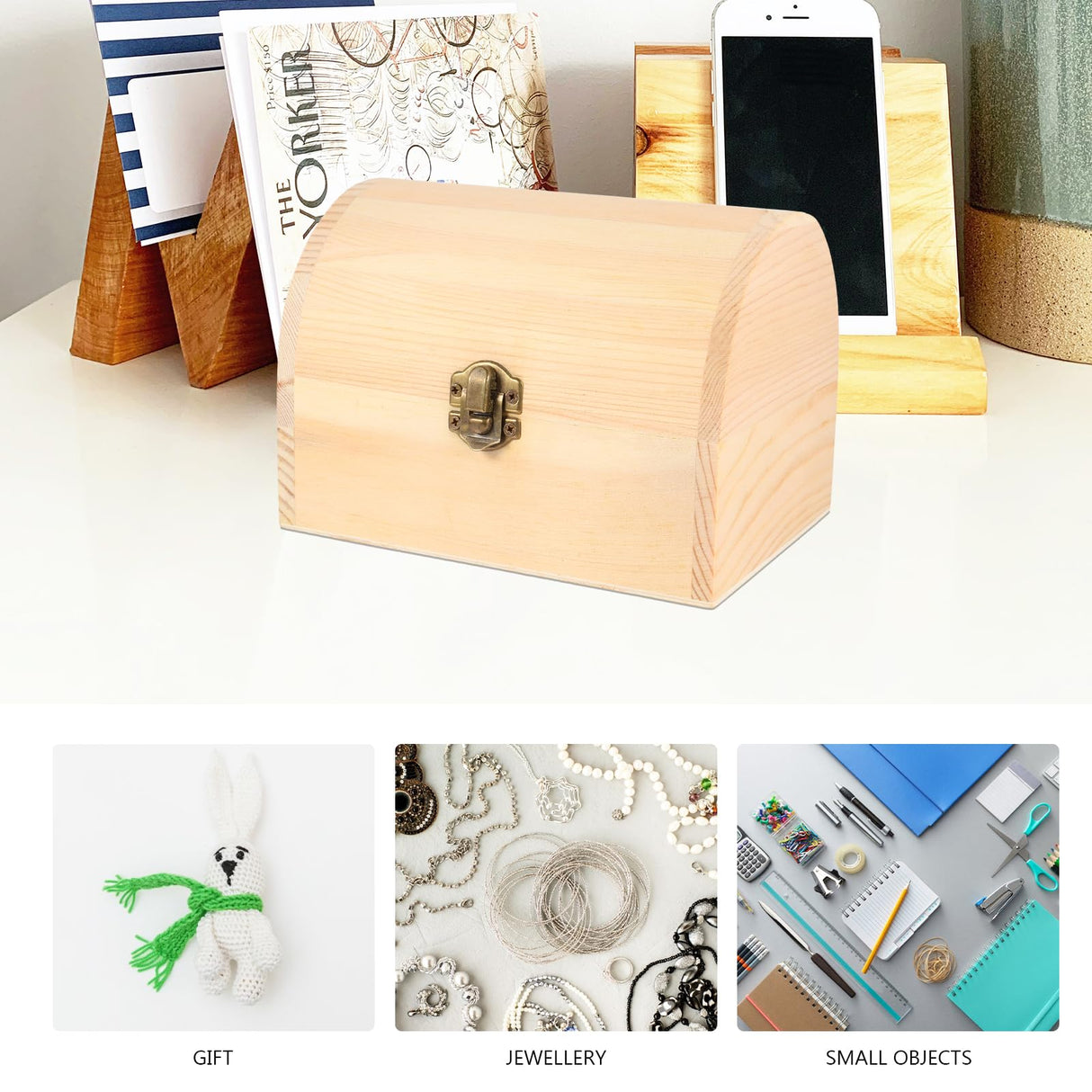 DOITOOL Unfinished Wooden Box with Hinged Lid - Unpainted Jewelry Box & Treasure Chest for Art & Jewelry Storage, 6.3 x 4.5 x 4.7 Inches DOITOOL