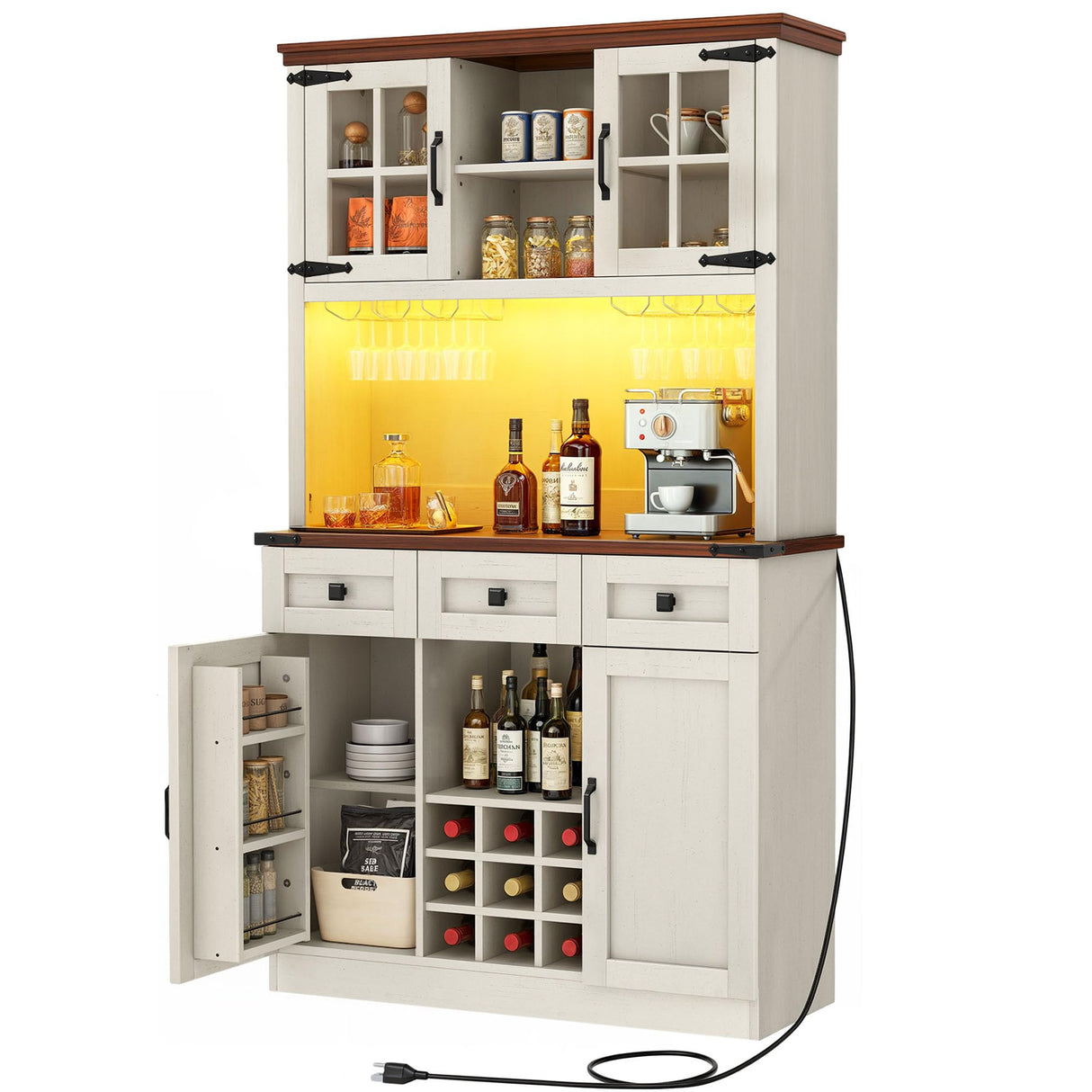 DWVO Coffee Bar Cabinet with Power Outlet/Lights, 72" Farmhouse Pantry Cabinet with Storage Shelves and 3 Drawers, Tall Liquor Cabinet Bar Cabinets for Home/Living Room, Antique White DWVO