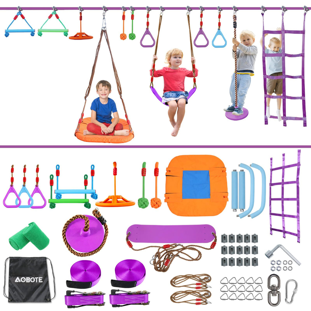 AOBOTE Ninja Warrior Obstacle Course for Kids,2x56ft Slackline with 12 Accessories,Saucer Swing with 360 Degree Rotating Wheel,Ninja Course for Kids Outside(AB010001-3) AOBOTE
