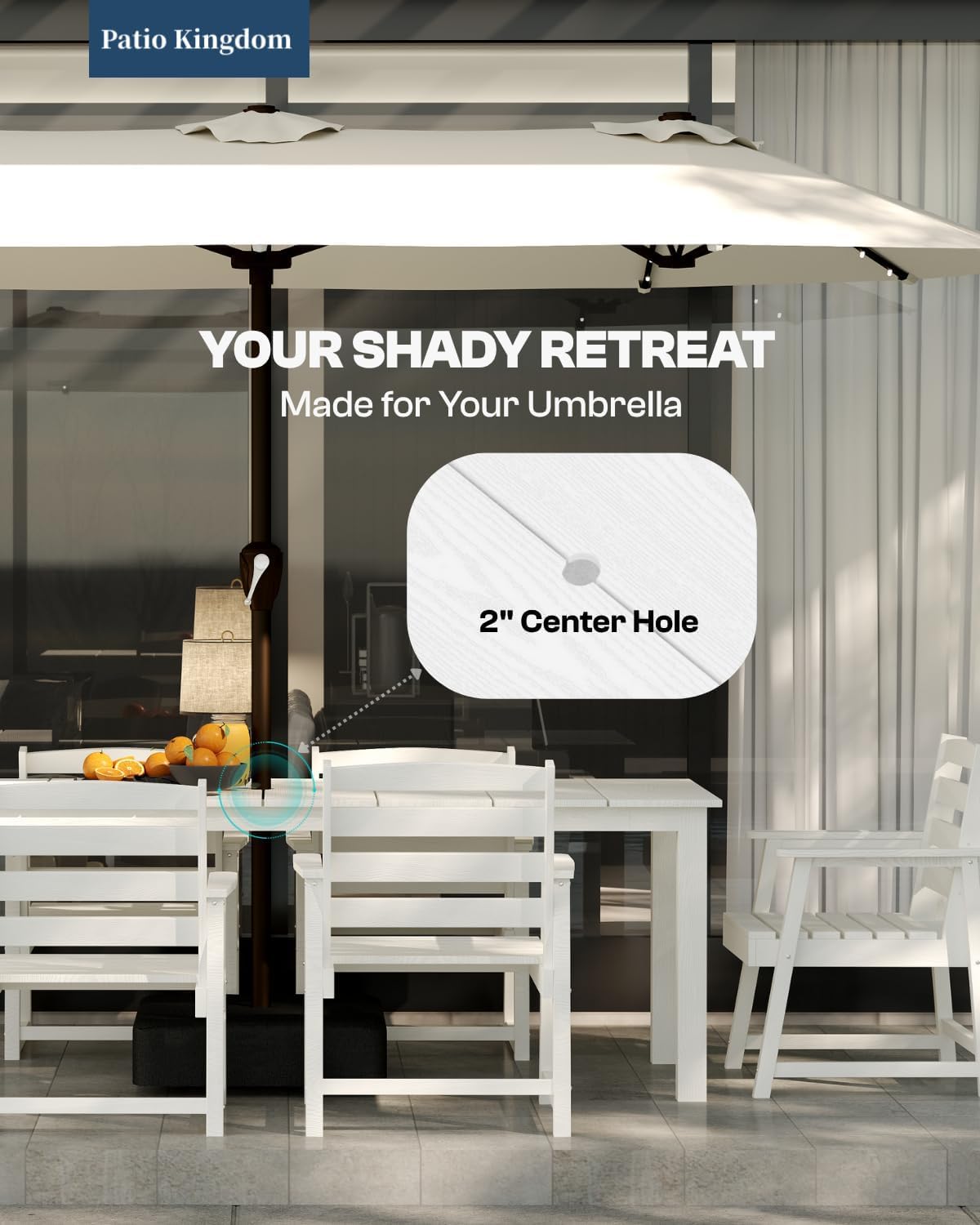 Patio Kingdom 9-Piece Outdoor Dining Set for 8, 75.2" HDPE Table with Umbrella Hole & 8 Chairs, All-Weather Patio Furniture for Lawn, Yard, Deck, or Poolside, Fade & Crack Resistant (White) Patio Kingdom