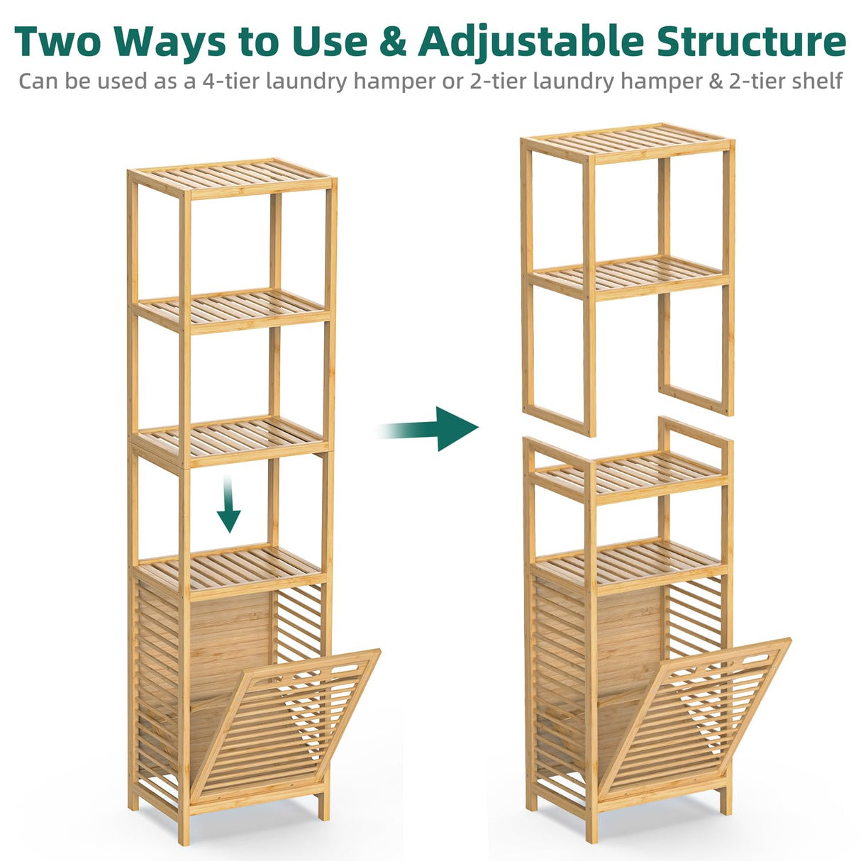 BAMBOOHOMIE Bamboo Tilt Out Laundry Hamper, 4-Tier Tilt Out Hamper for Laundry with Shelf & Removable Clothes Basket - Can Convert to 2-Tier Pull-Out Laundry Hamper & 2 Tier Freestanding Shelf, Beige BAMBOOHOMIE