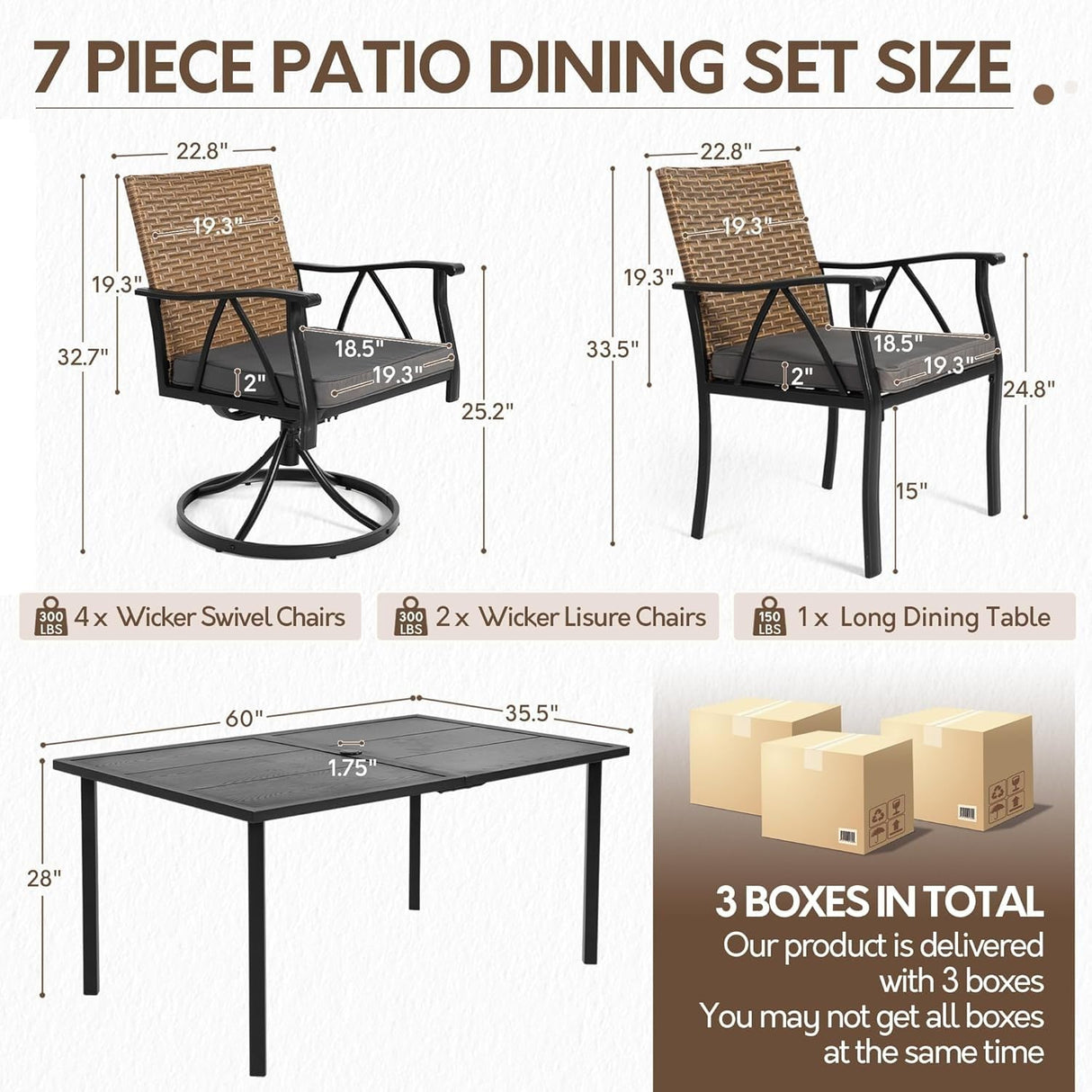 Andehomy 7-Piece Patio Dining Set for 6, Outdoor Dining Set with Wicker Swivel Patio Dining Chairs with Cushions & Black Rectangular Woodgrain Dining Table with 1.75”Umbrella Hole, Black & Brown Andehomy