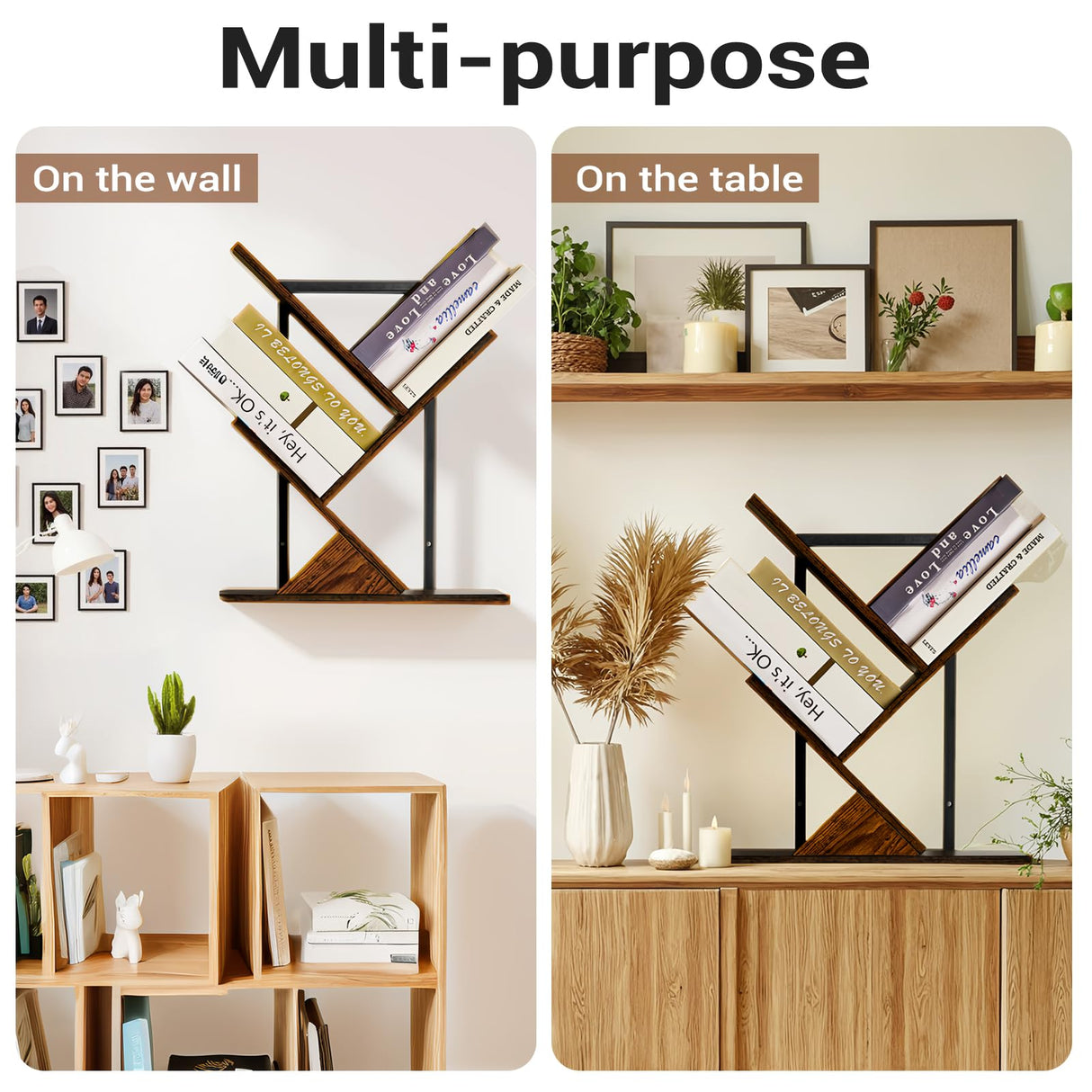 Tree Bookshelf 3 Tier Book shelves for Wall, Unique Hanging Bookshelf Wall Mounted Desk Bookshelves Organizer for Magazine/Books, Small Tree Bookshelf for Bedroom, Living Room Office, Rustic Brown BESHIGH