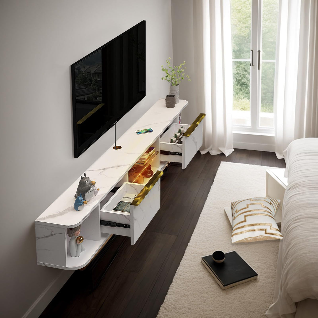 Pmnianhua LED Floating TV Stand with 2 Drawers,63'' Floating TV Shelf with LED Lights,Wall Mounted Media Console,Floating Entertainment Center with Storage for Bedroom Playroom Living Room(White) Pmnianhua