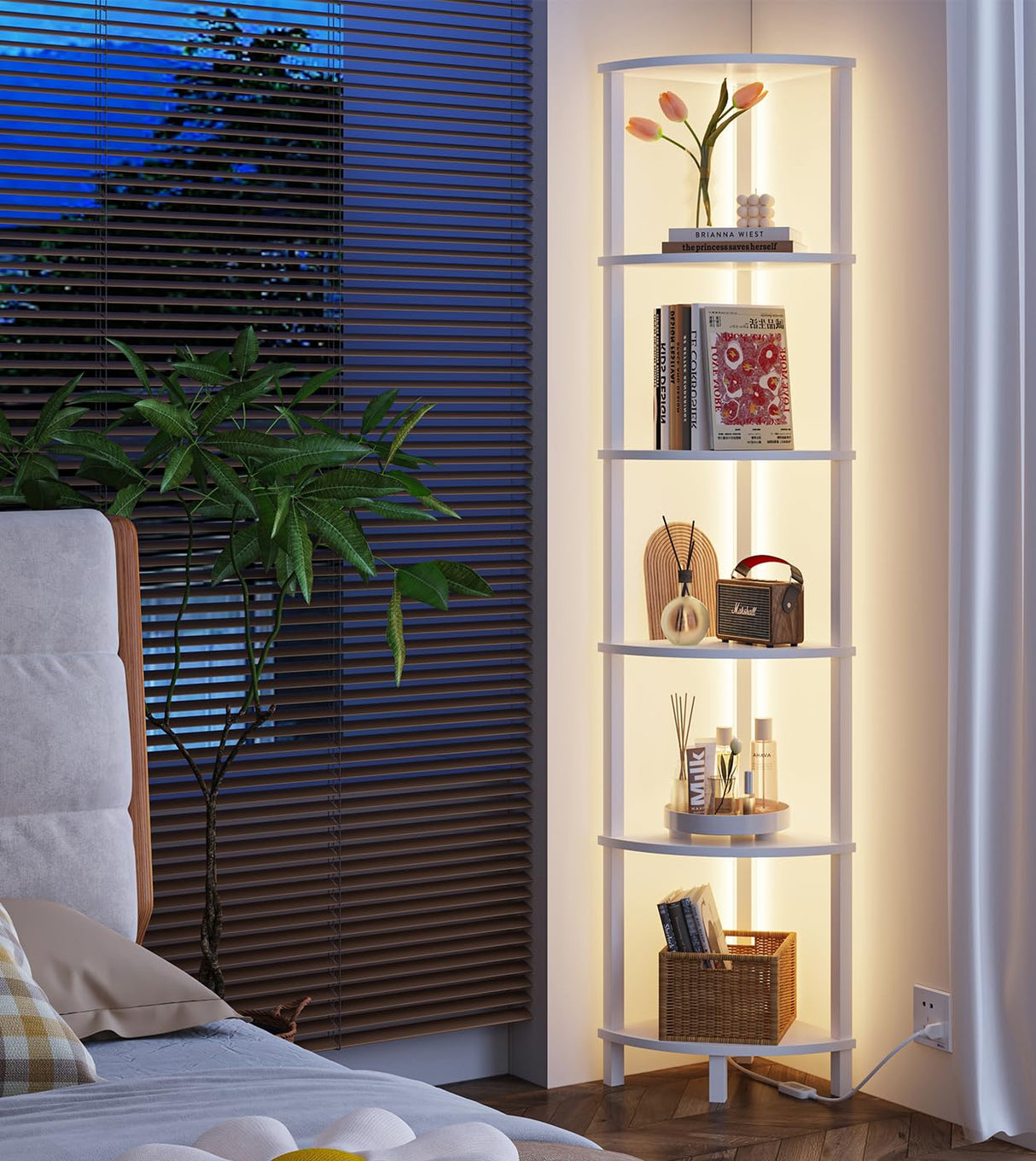 VIMBER Corner Shelf with LED Light, 6-Tier Corner Bookshelf, Industrial Corner Ladder Shelf, Modern Display Shelf for Living Room, Bedroom, Kitchen, Home Office, Sturdy Frame, White UJSJ002W VIMBER