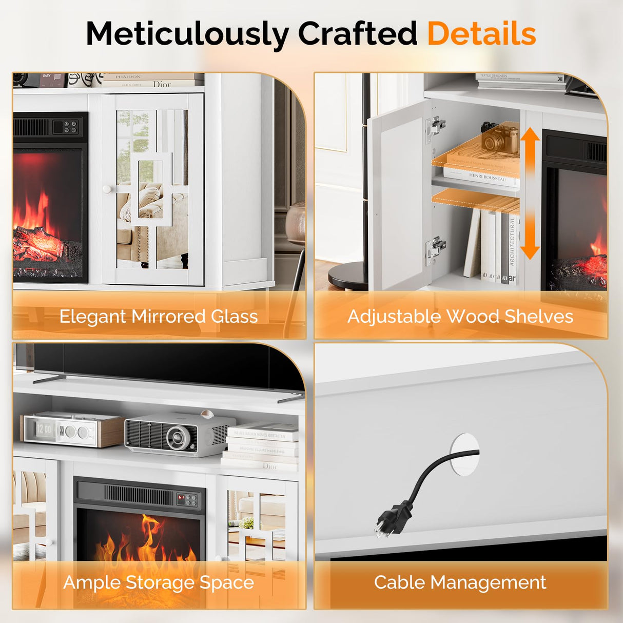 VINGLI Mirrored Fireplace TV Stand, Farmhouse Modern Entertainment Center with Electric Fireplace & Mirror Doors for TVs Up to 60 Inch (White) VINGLI