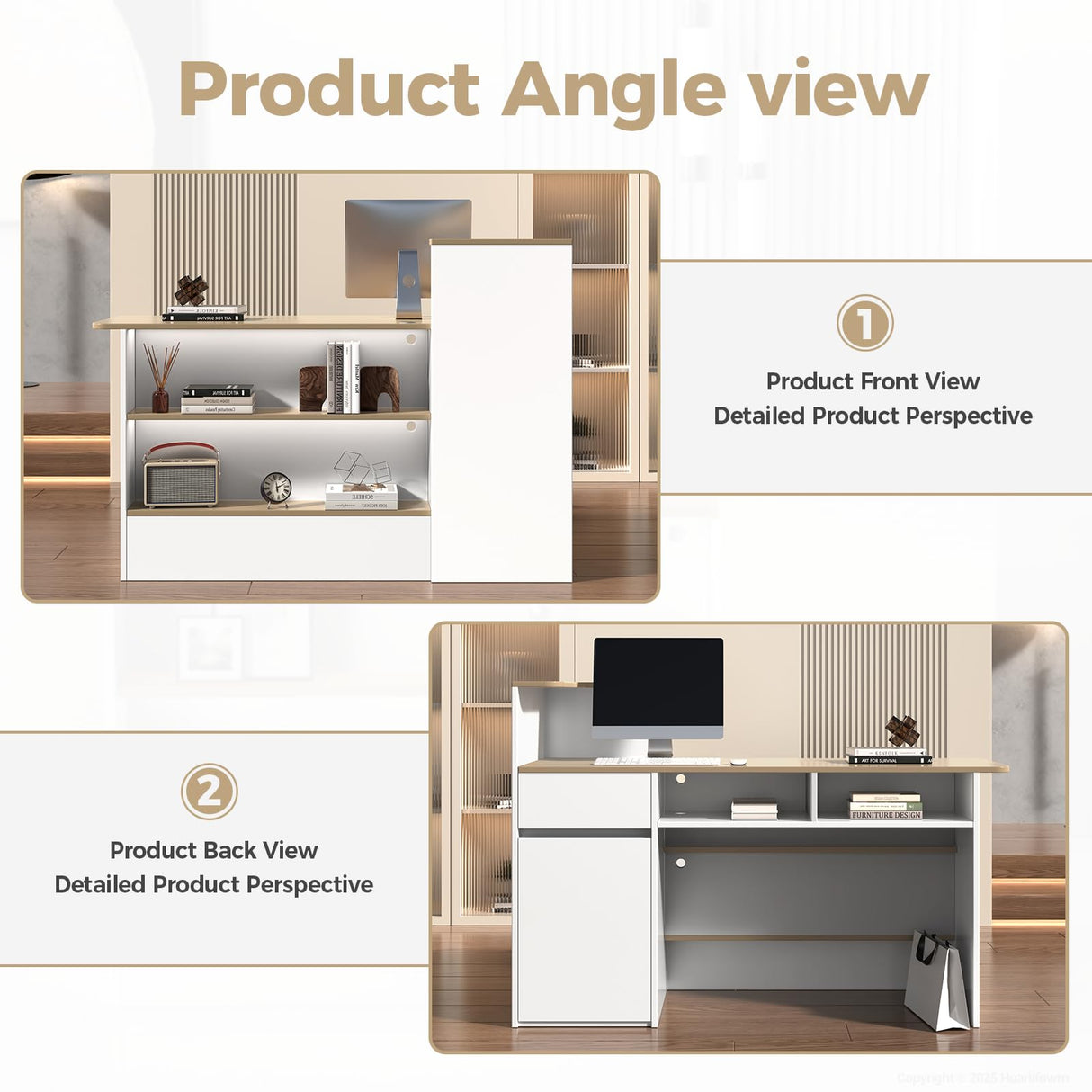 Huariifowm Reception Desk with Counter - Small Reception Desk for Office Counter with Storage Shelves, Drawer & LED Light, for Office, Salon, Store (White+Natural, 59" L * 20" W * 40" H/Left) Huariifowm