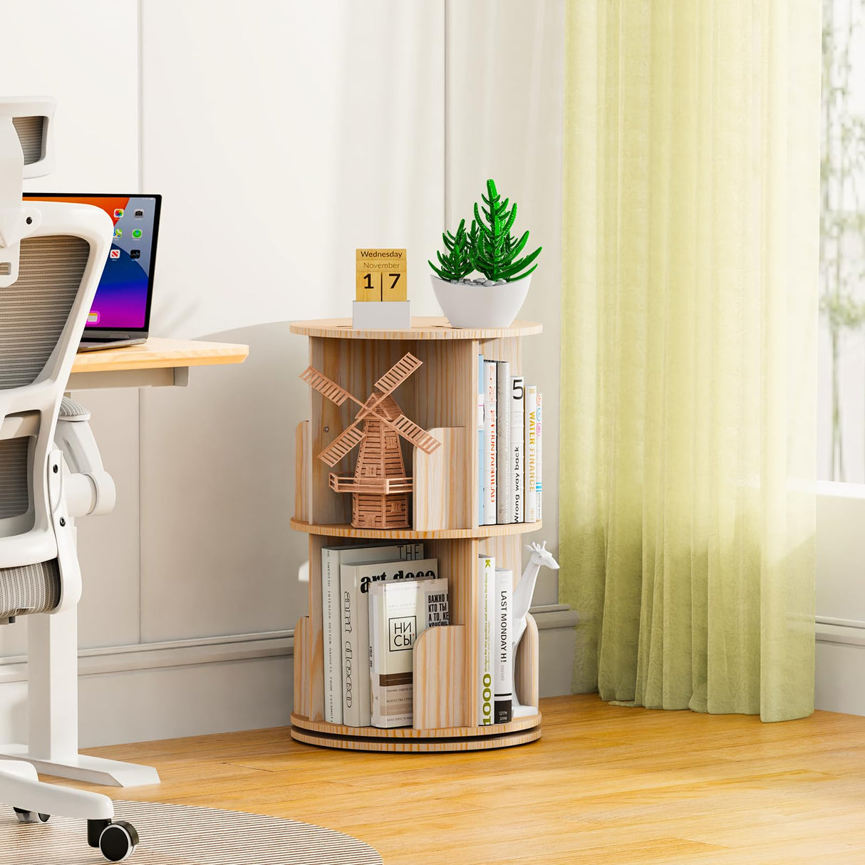 Kinembold Small Rotating Bookshelf, 2 Tier Revolving Bookcase 360 Display Round Spinning Bookshelf Narrow Swivel Corner Book Shelf Standing Bookcase for Kids Bedroom, Living Room Kinembold