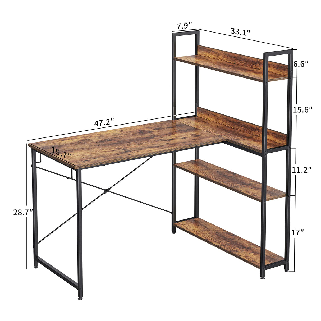 CubiCubi Computer Corner Desk with Storage Shelves, 47 Inch Reversible L Shaped Desk with Bookshelf, Home Office Writing Desk with Hooks, Small L Study Table, Rustic Brown CubiCubi
