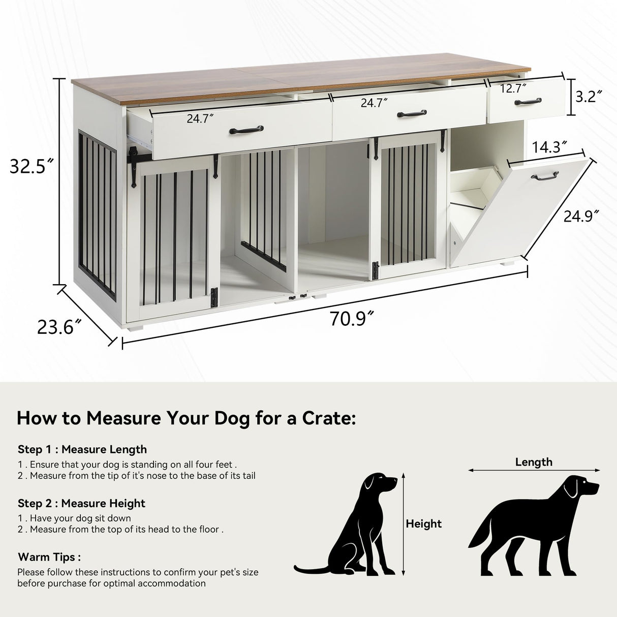 71" Furniture Dog Crate for 2 Dogs, Double Dog Furniture Crate, Furniture Dog Cage Indoor for Large Medium Small Dogs, Wood Dog Kennel with Tilt Out Cabinet, Drawers, Divider and Sliding Door, White LOUVIXA
