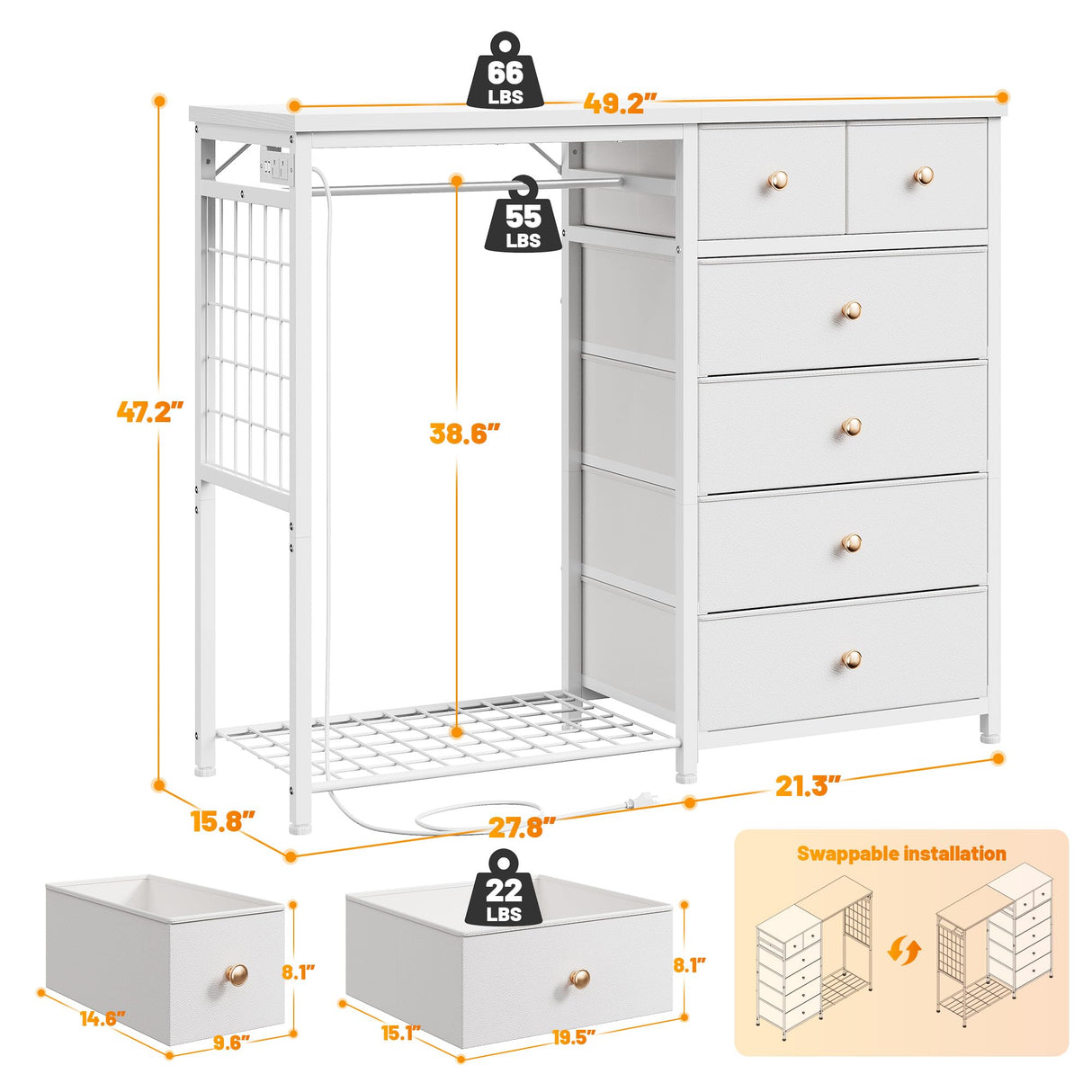 EnHomee 49.2" W White Dresser for Bedroom with Hanging Rack,6 Drawer Dresser with LED Lights & Charging Station, Fabric Dressers & Chest of Drawer with Clothes Rack, Wooden Top, Grid Panel, Closet EnHomee
