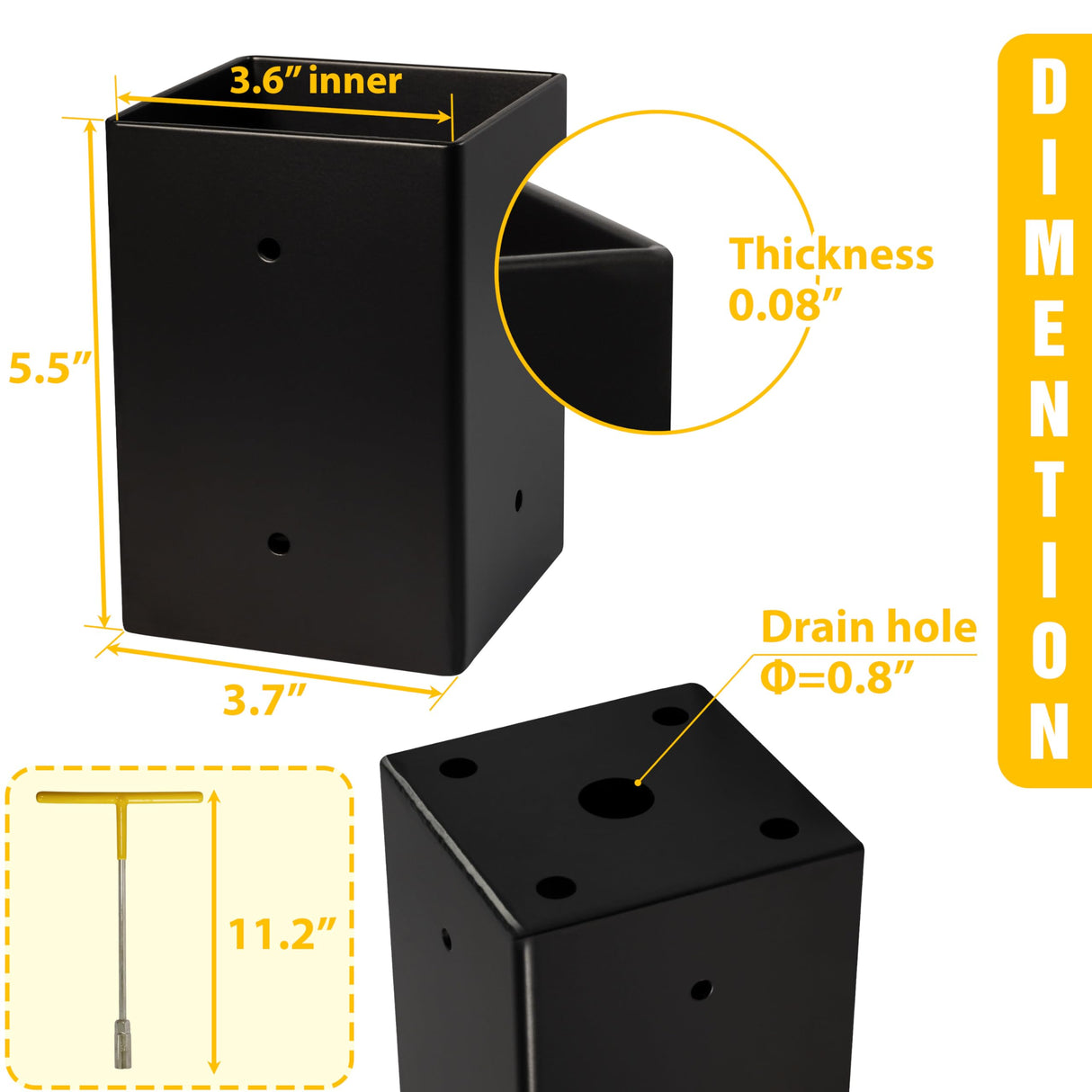 (4 PCS) LADECH 4x4 Post Anchor Base with Bottom Drainage Hole, Concealed Bolts, Black Powder Coated Brackets for Fence Posts, Pergola, Mailbox Post, Come with Wood Screws and Concrete Anchors LADECH