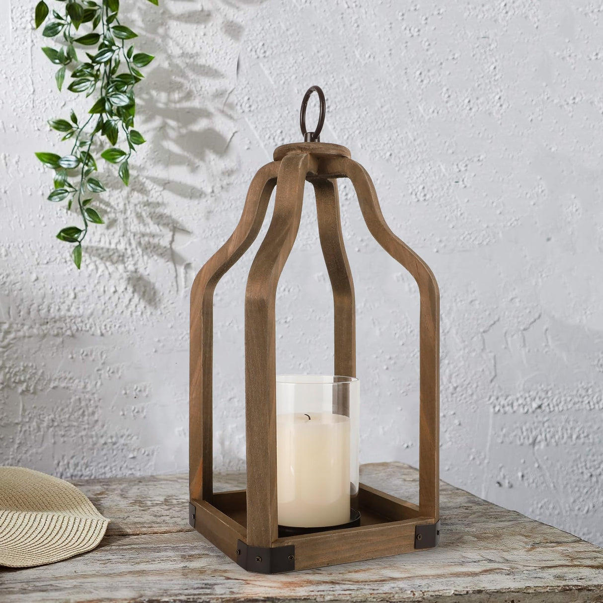 Rustic Wood Lantern Candle Holder for Farmhouse Decor - Indoor and Outdoor Table Centerpiece with Glass Hurricane, 15.7" High SUJUN