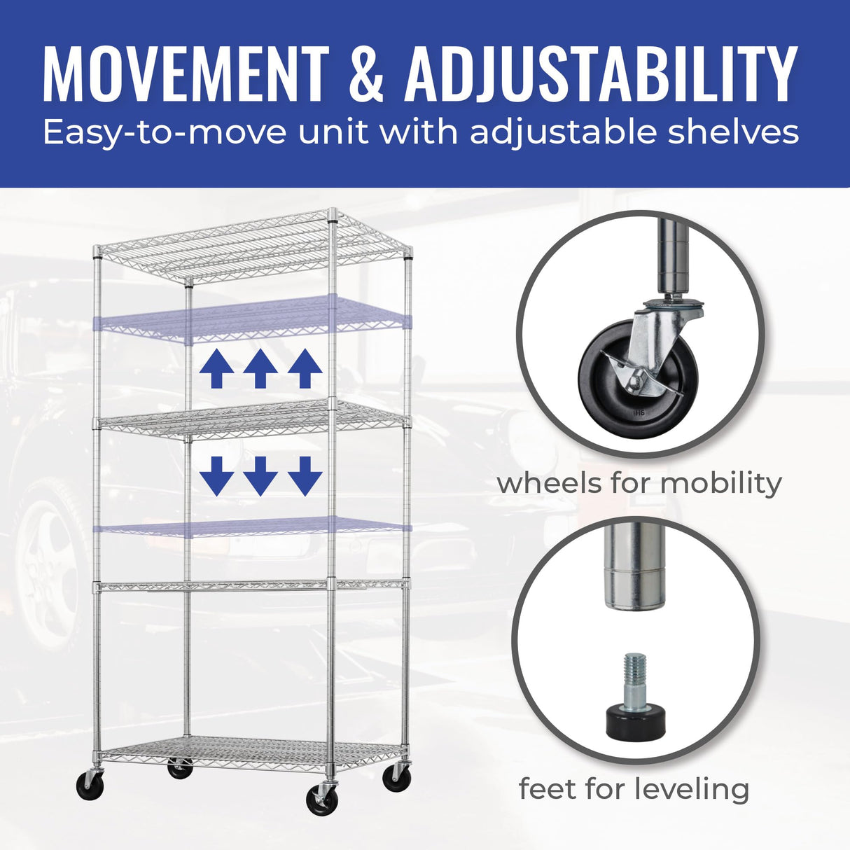SafeRacks - NSF Certified Storage Shelves, Zinc, Heavy Duty Steel Wire Unit with Wheels and Adjustable Feet, Garage or Bakers Rack, Kitchen, Pantry Shelf - (36"x24"x72" 4-Tier) (Silver) SafeRacks