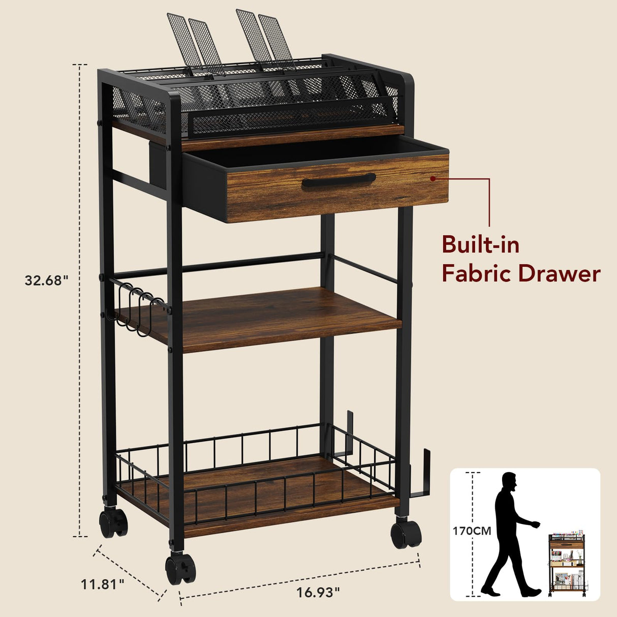 Homsorout 3 Tier Rolling Cart - Metal Utility Cart with Storage Drawer and Wheels, Versatile Art & Craft Organizer for Home, Office, or Studio Ideal for Storing Brushes, Paints, and Supplies Brown Homsorout