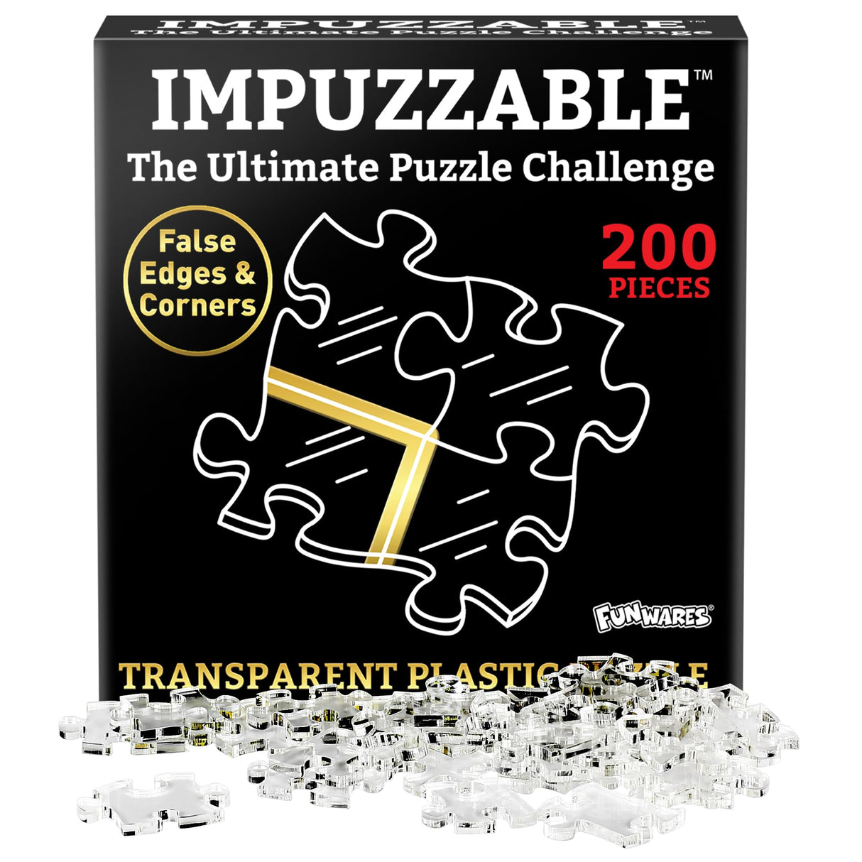 Funwares ImPuzzable Insanely Impossible Puzzle: Clear Acrylic Jigsaw Puzzle for Adults, Every Piece Unique, False Edges, False Corners, Hardest Puzzle for Adults, White Elephant Gift! 200 Piece Puzzle Funwares