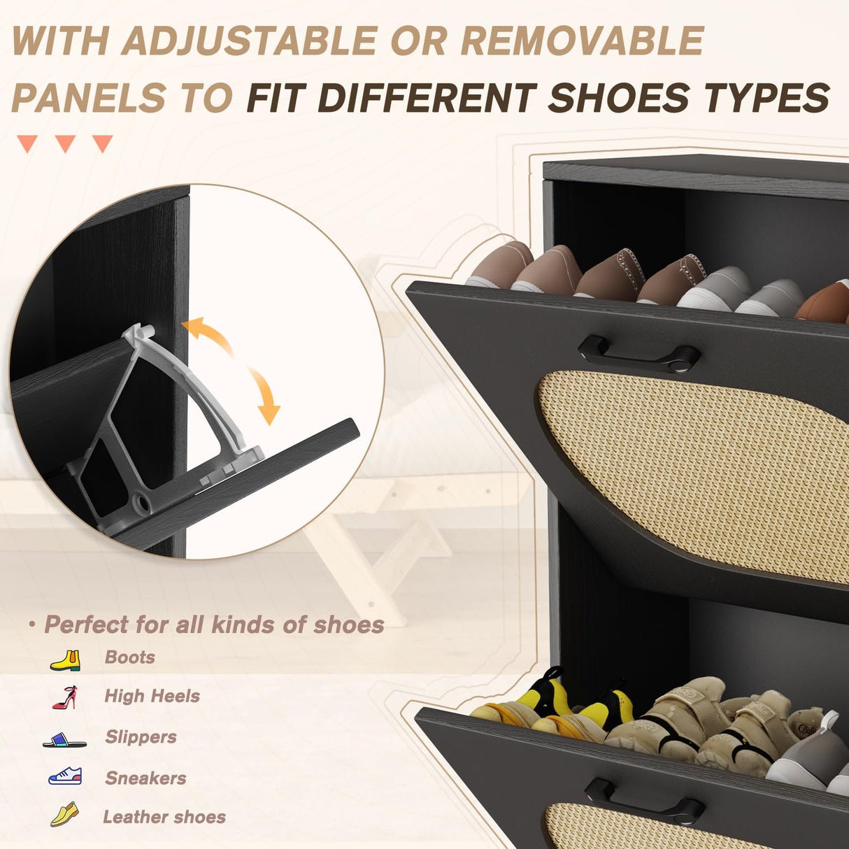 SUNCROWN Shoe Storage Cabinet with 2 Flip Drawers, Freestanding Narrow Shoe Rack Organizer for Entryway with Natural Semi-Circular Rattan Doors, Shoe Shelves,Black SUNCROWN