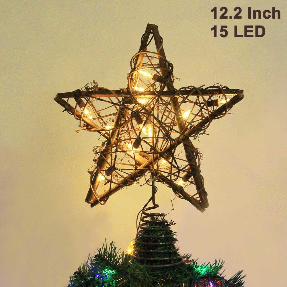Twinkle Star Christmas Star Tree Topper, Rustic Rattan Treetop with 15 LED Lights Christmas Tree Holiday Xmas Party Decorations, 12.2 Inch (H) Twinkle Star