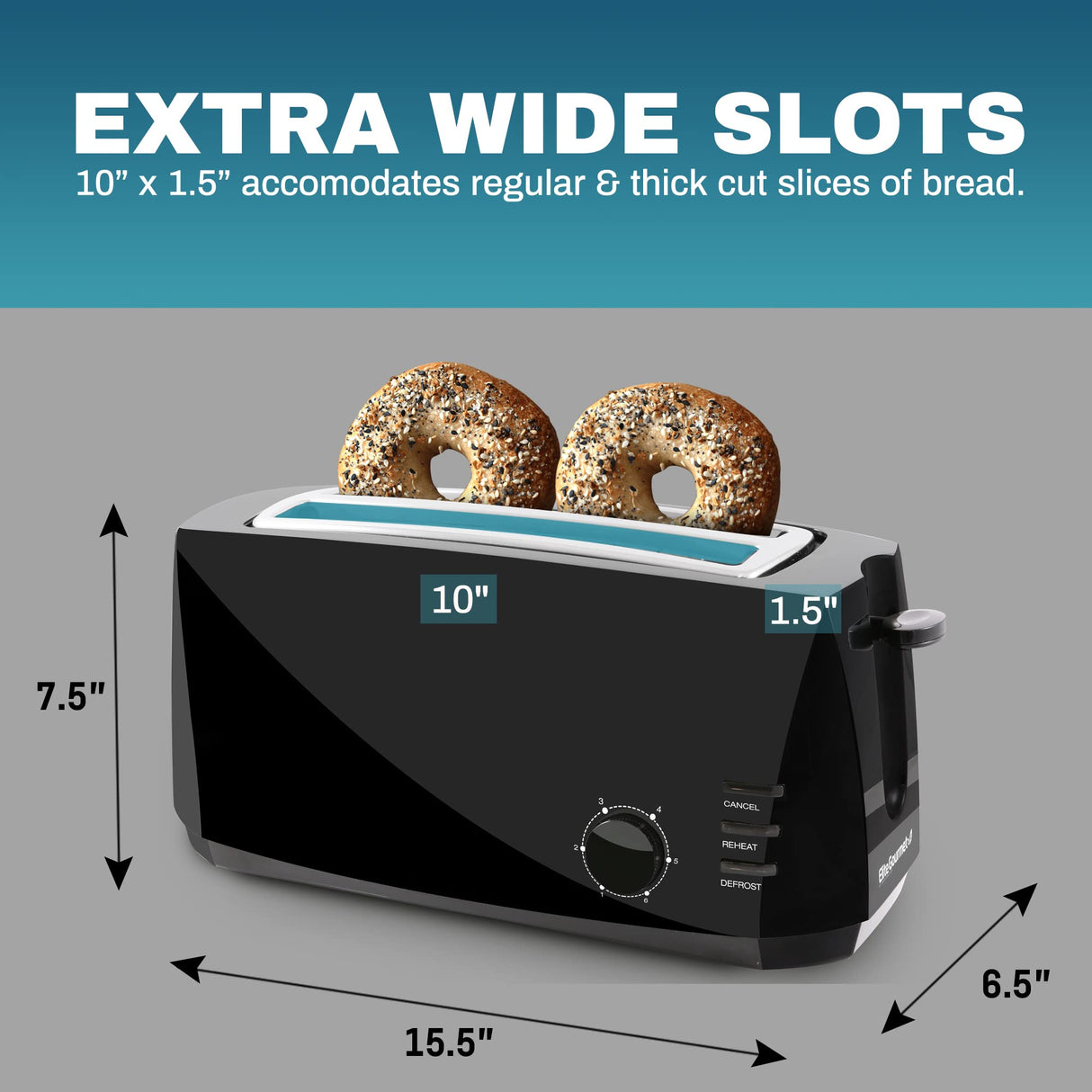 Elite Gourmet ECT4829B# Long Slot 4 Slice Toaster, Reheat 6 Toast Settings, Defrost, Cancel Functions, Built-in Warming Rack, Extra Wide Slots for Bagels Waffles, Black Elite Gourmet