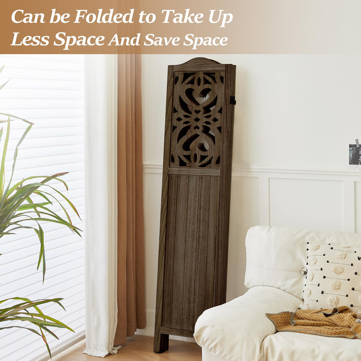 Leesinwing Room Divider, 4 Panel Wood Room Divider Wall, Carved Vault Room Dividers, Rustic Minimalism Room Partition, 5.6Ft Room Dividers and Folding Privacy Screens, Dark Brown Leesinwing