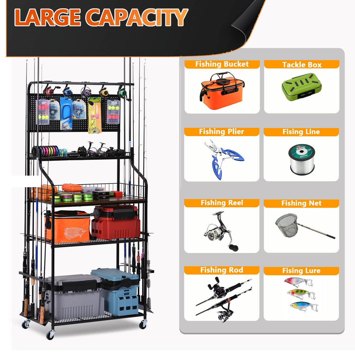 Lezbanz Upgraded Heavy Duty Fishing Rod Rack for Garage, Fishing Pole Holders for 12 Rods with Hooks and Pegboard, Fishing Cart with Reel Rack, Fishing Gear Holder Lezbanz