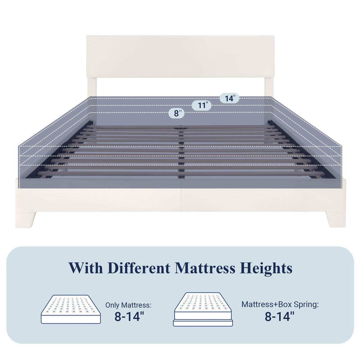Allewie Full Size Bed Frame with Adjustable Headboard, Faux Leather Platform Bed with Wood Slats, Heavy Duty Mattress Foundation, No Box Spring Needed, Noise-Free, Easy Assembly, White Allewie