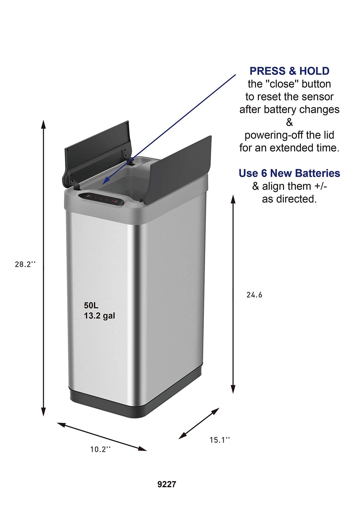 EKO Phantom-T 50 Liter / 13.2 Gallon Vertical Motion Sensor Trash Can, Brushed Stainless Steel Finish EKO