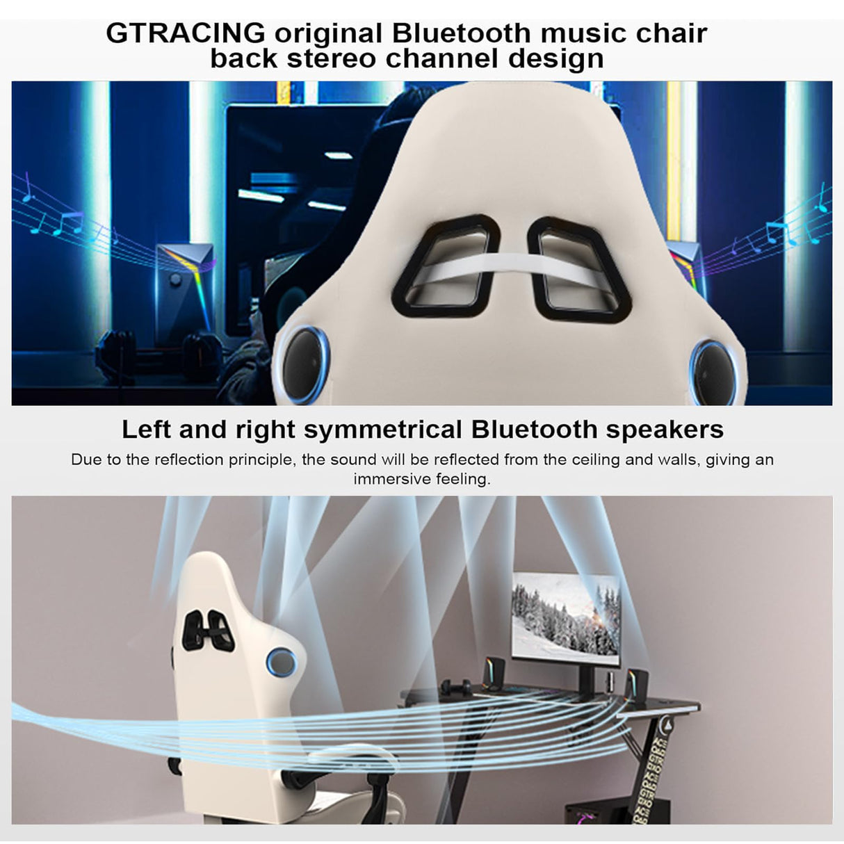 GTPLAYER Gaming Chair, Computer Chair with Footrest and Bluetooth Speakers, High Back Ergonomic Gaming Chair, Reclining Gaming Chair with Linkage Armrests for Adults by GTRacing (Leather, Ivory) GTPLAYER