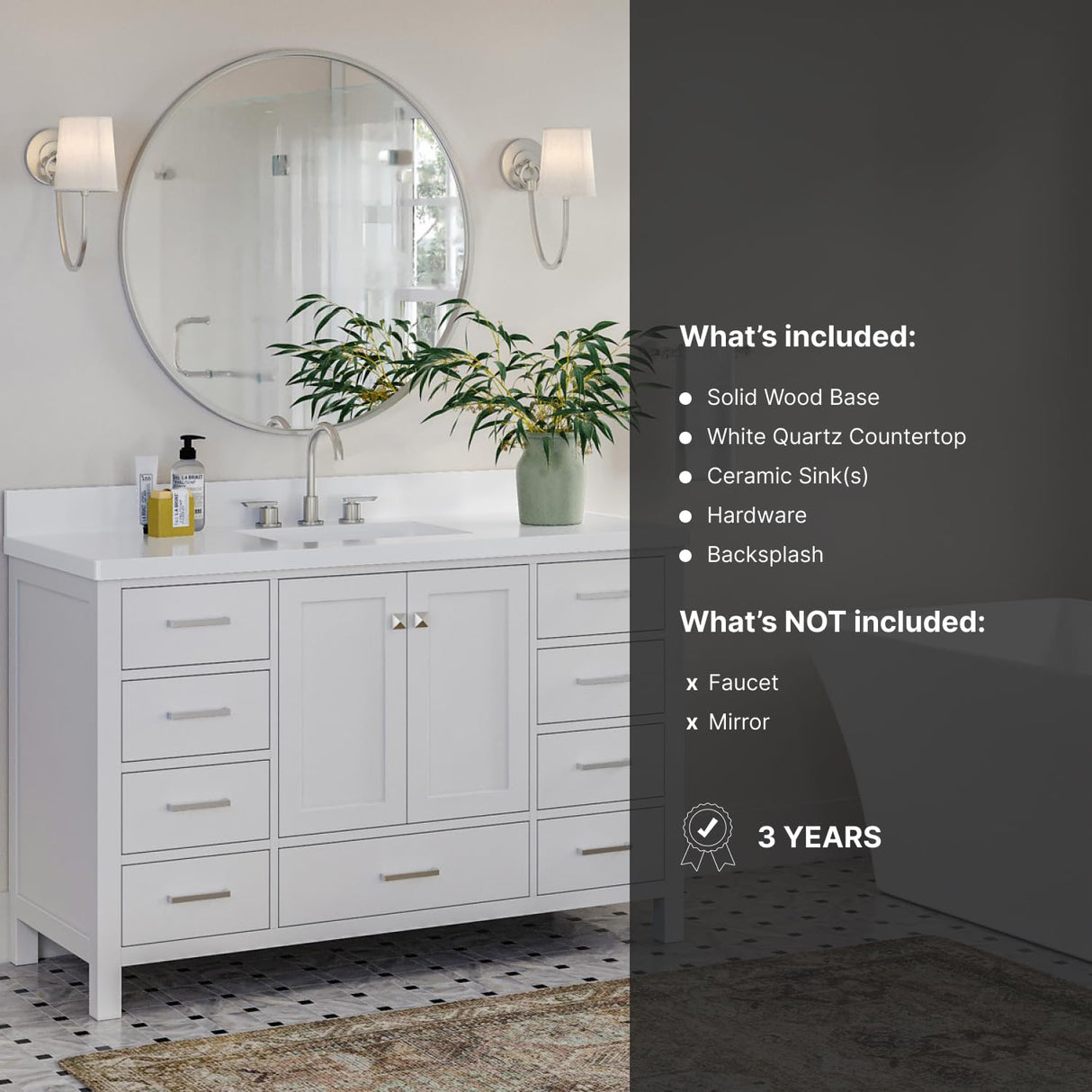 ARIEL Cambridge 55" White Bathroom Vanity with Sink, 1.5" Edge Pure White Quartz Countertop & Backsplash, Center Rectangular Sink, 2 Soft Closing Doors, 9 Full Extension Dovetail Drawers ARIEL