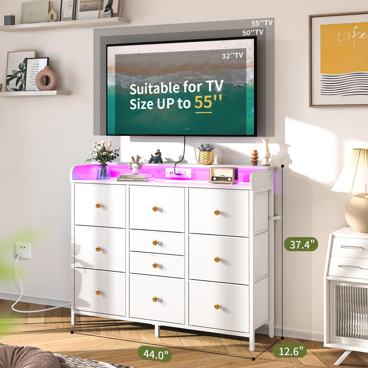 Yoobure Dresser for Bedroom with Charging Station and LED Lights, Tall TV Stand with 10 Storage Drawers, Fabric Wood Dressers & Chests of Drawers for Kids Bedroom Closet Organizer, White Yoobure