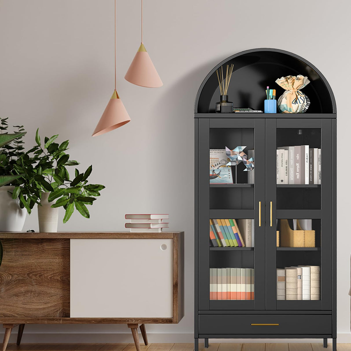 Hipicute Metal Storage Cabinet,73" Tall Arched Pantry Cabinet,Modern Farmhouse Arched Bookcase with Glass Door, 2 Adjustable Shelves & Drawers,Versatile Cupboard,Freestanding Display Cabinet Black Hipicute