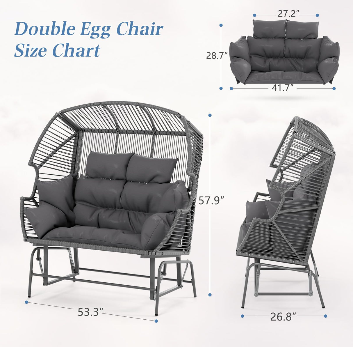 ECOTOUGE Patio Double Egg Chair, Indoor Outdoor Oversized Loveseat, 2 Person Extra Large Wicker Lounge Rocking Glider Chairs w/Thicken Padded Cushions and Pillow for Garden Balcony Sunroom, Grey ECOTOUGE
