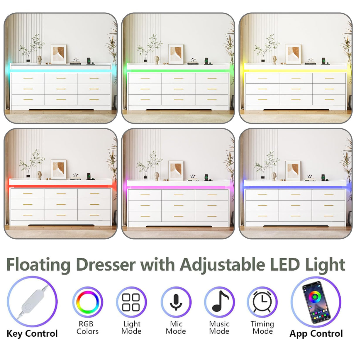 Bvldfamly Wide 9 Drawers Dresser with LED Lights - 63 INCH Modern Wooden Chest of Drawers for Bedroom, Charging Station Storage Organizer Closet for Bedroom, Living Room, White Bvldfamly