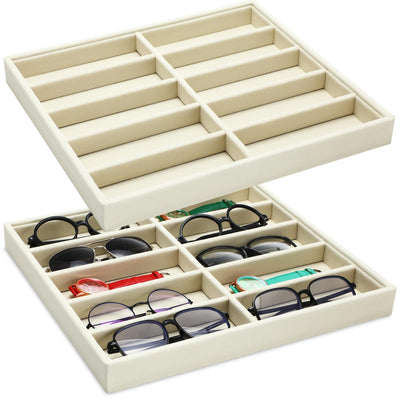 Batiyeer Sunglasses Organizer Storage Tray 10 Grids Eyewear Watch Holder Display Stackable Ice Velvet Tray Women(White,2 Pcs)