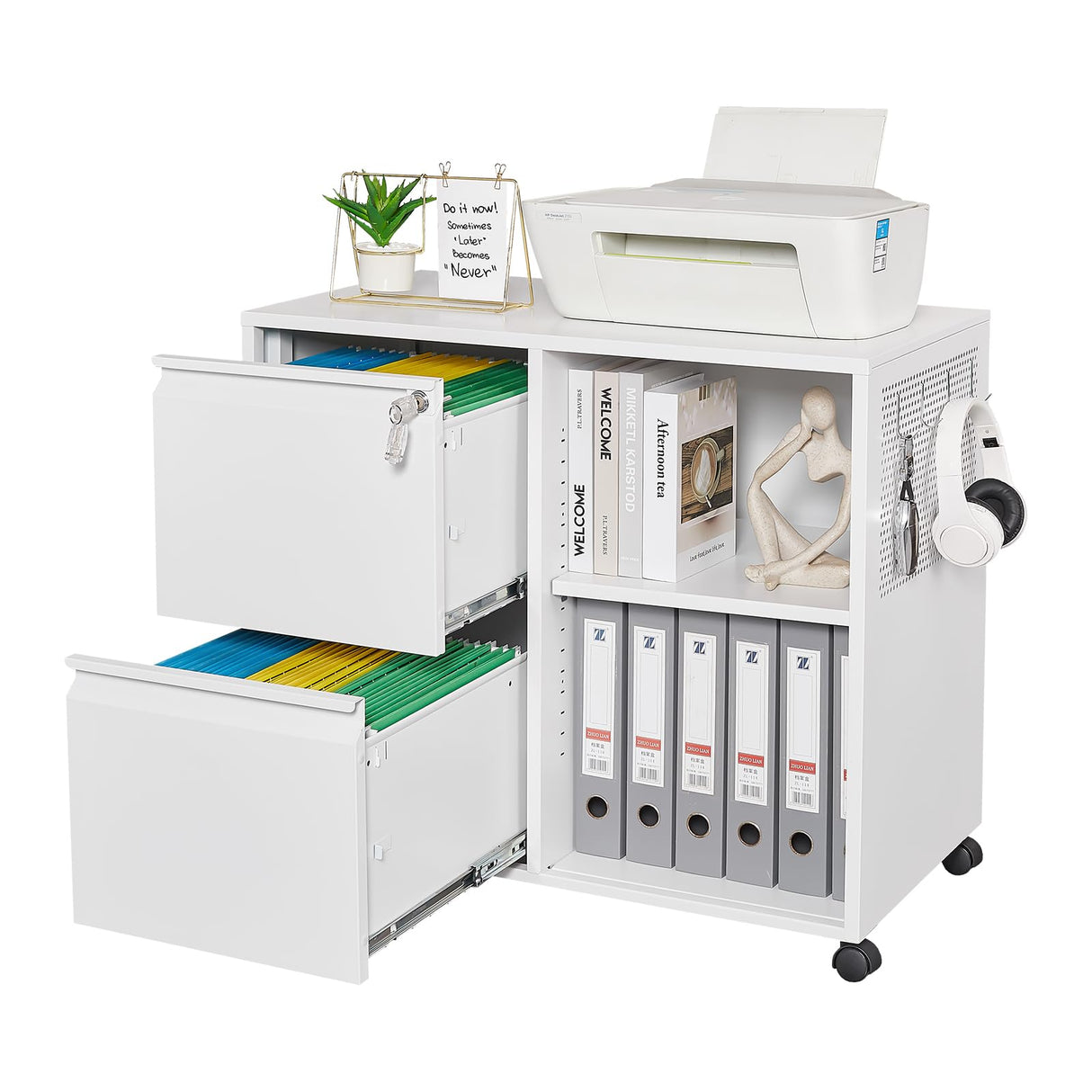 Yizosh 2-Drawer Metal File Cabinet with Lock, Mobile Lateral Filing Cabinet, Printer Stand with Adjustable Storage Shelves for Home Office (White) Yizosh