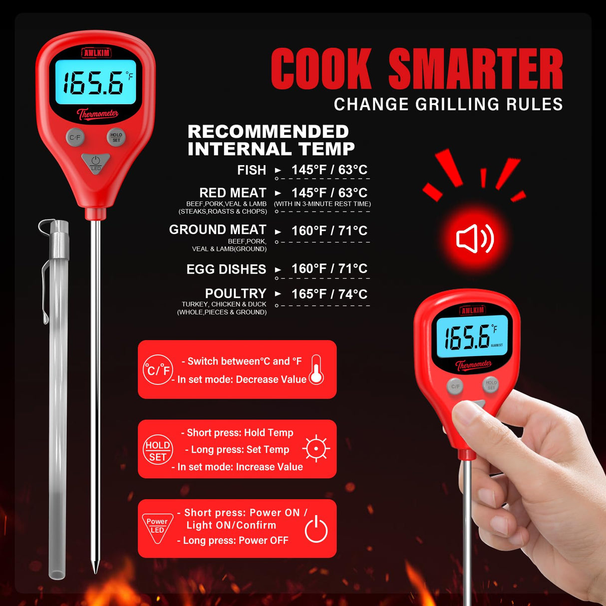AWLKIM Rechargeable Digital Meat Thermometer with 3.3ft External Probe, Warning Alert, Instant Read Food Thermometer for Cooking Baking Water BBQ Oil Fry, Waterproof IP67, Hold Function, Oven Safe AWLKIM