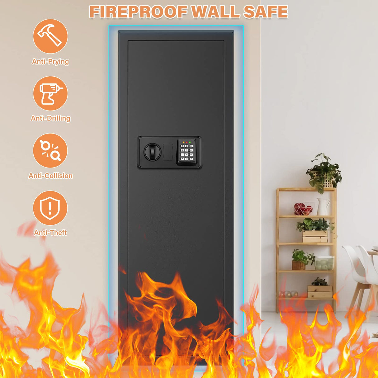 43.3" Tall Fireproof Wall Safes Between the Studs 16" Centers, Electronic Hidden Safe with Removable Shelf, Fireproof in Wall Safe for Money Jewelry Passport GUVELI