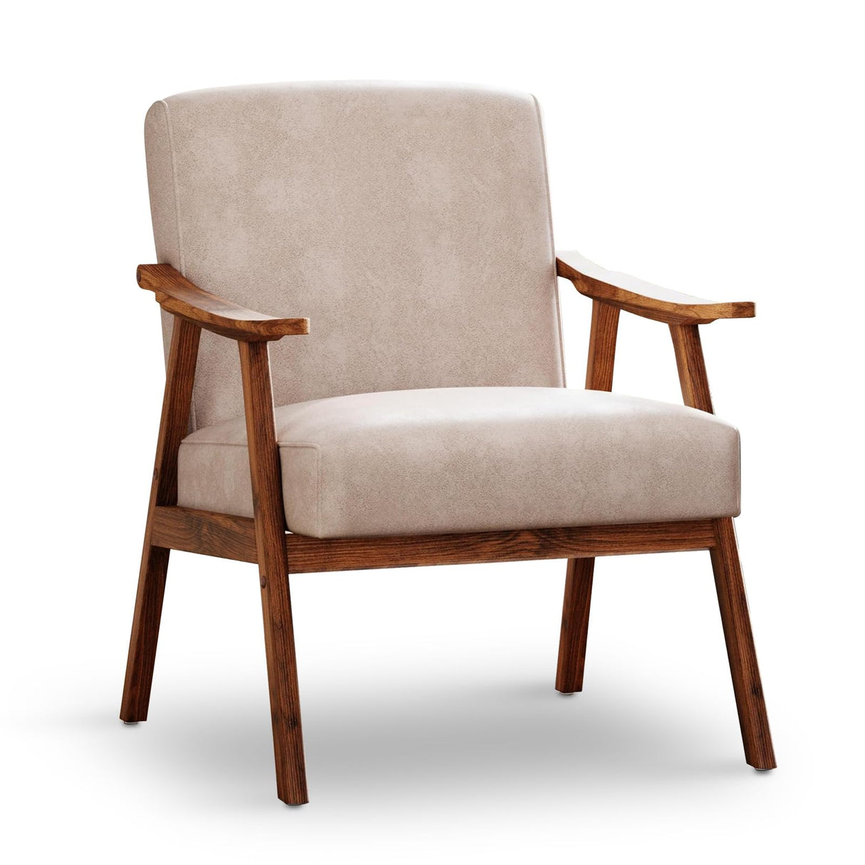 COCONINO WJ Mid Century Accent Chair, Boho Farmhouse Accent Chairs for Living Room, Retro Single Lounge Reading Armchair with Solid Wood Frame (Polyester Fabric in Light Camel) COCONINO WJ