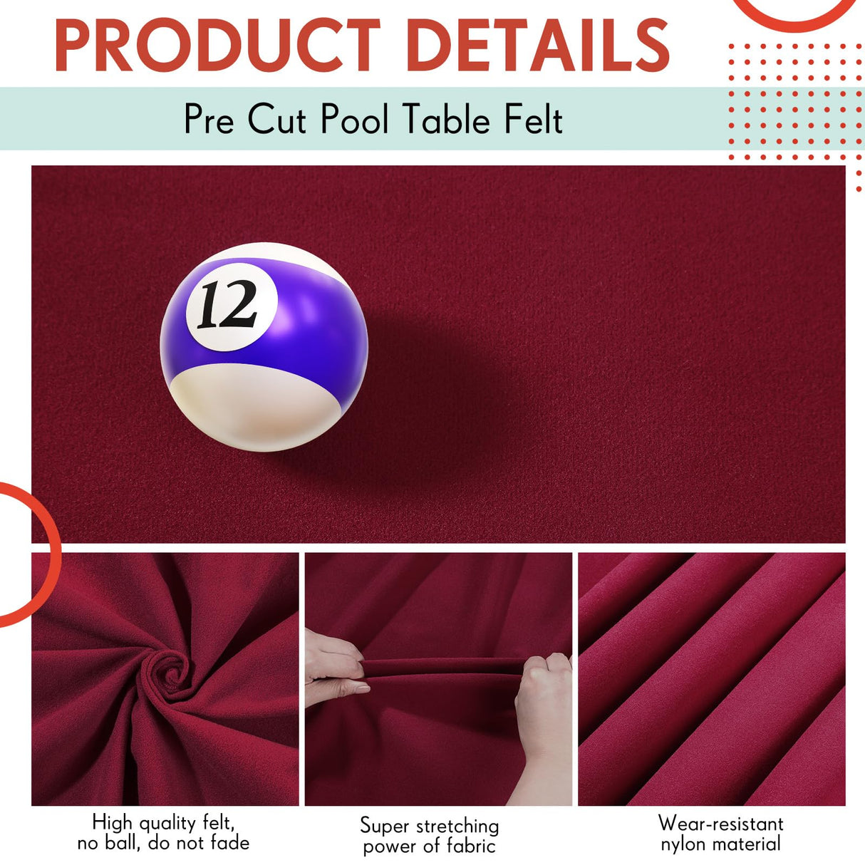 Mixweer Billiard Cloth 8.53ft Pool Table Felt with 6 Cloth Strips Pre Cut Pool Table for Home Clubs Bars Indoor Sports Game(Red) Mixweer