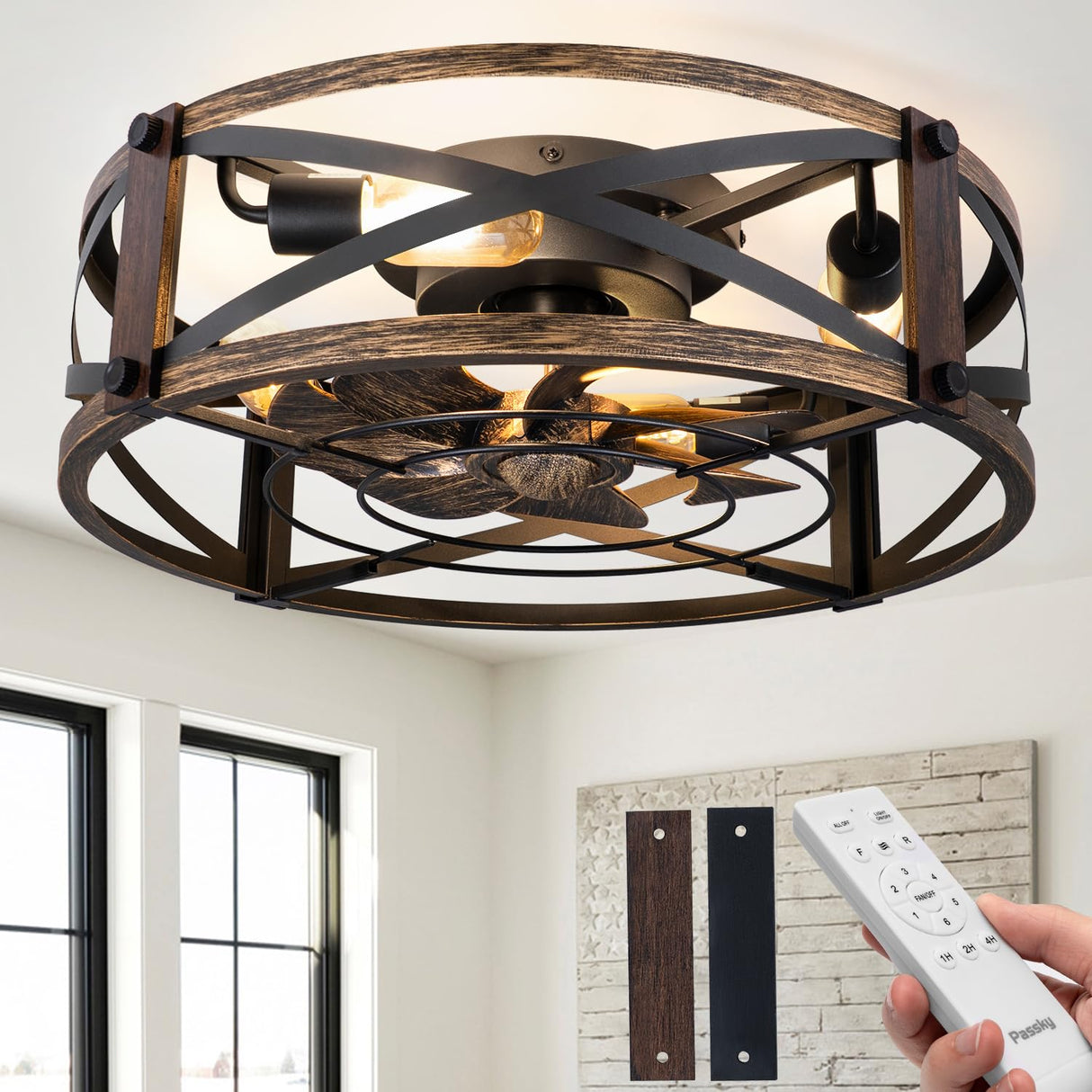 Passky 20" Farmhouse Flush Mount Ceiling Fans with Lights and Remote, Industrial Black Caged Low Profile Fandelier, 6 Speeds Bladeless Ceiling Fan for Bedroom, Kitchen, Living Room Passky