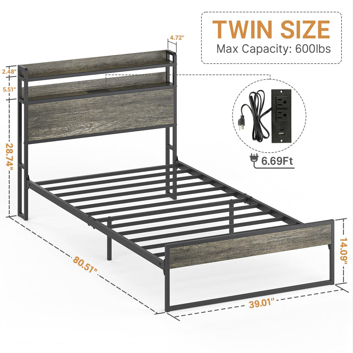 Elephance Twin Bed Frames with Charging Station and Storage Headboard, No Box Spring Needed, Noise Free, Easy Assembly Elephance
