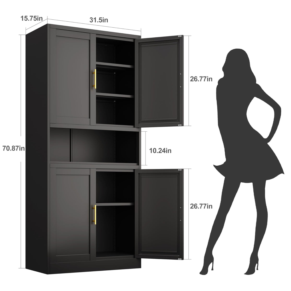 71”H Versatile Metal Pantry Storage Cabinet with Adjustable Shelves and Feet - Black 4-Door Design erosoei