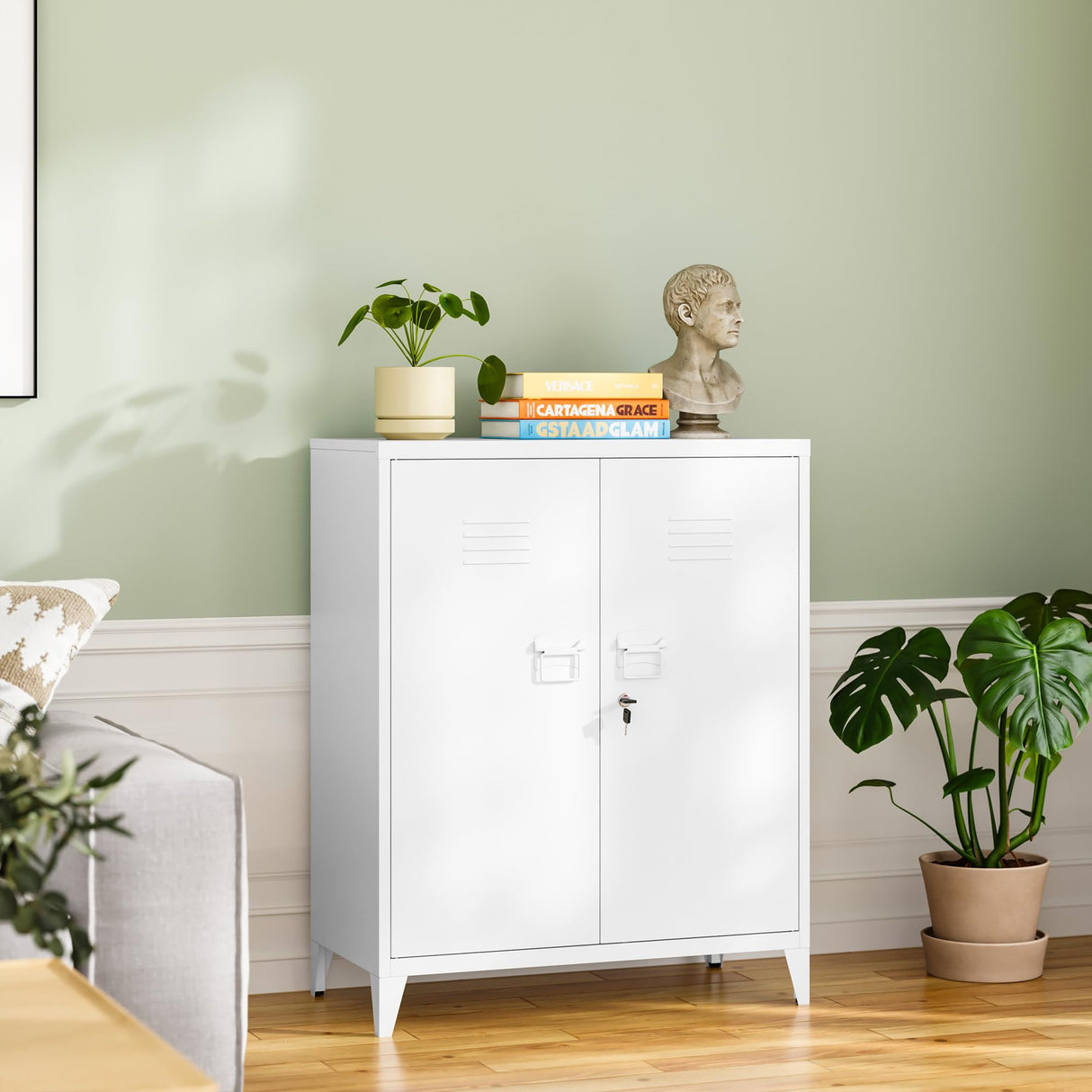 RAVIGIN Metal Storage Cabinet with Locking Feature, 2 Adjustable Shelves, 40" Small Cabinet for Home Office, School, Kitchen, Garage, Gym (White) RAVIGIN