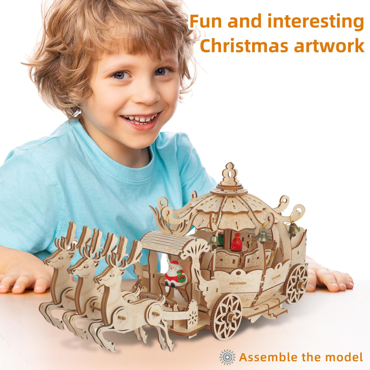 3D Wooden Pumpkin Cart Model Kits, Brainteaser and Puzzle, Vintage Wooden Jigsaw Puzzles with Music Box and LED Light, Wooden Model Kits for Kids, Model Car Kits Wooden 3D Puzzles SANCOOMEER